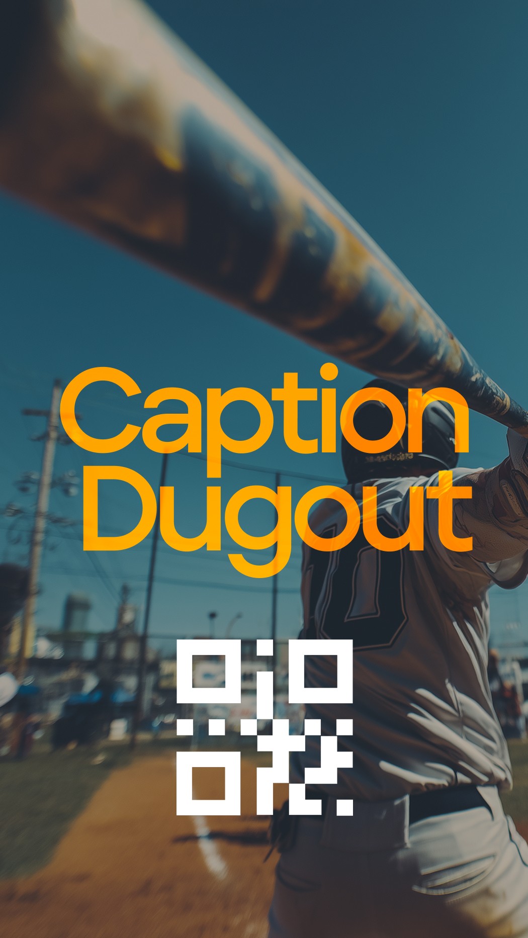 Landing screen for “Caption Dugout” fan game with QR code for entry, inviting fans to join and compete.
