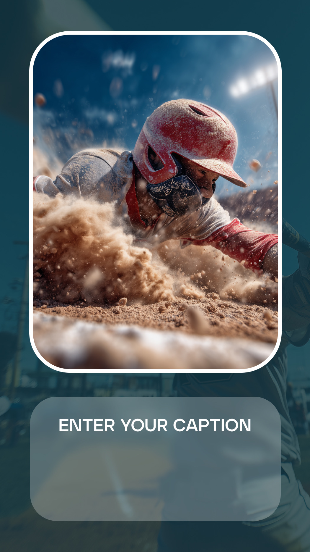 Game screen for Caption Dugout showing a baseball player sliding into base with a text box below for fans to enter their creative caption.