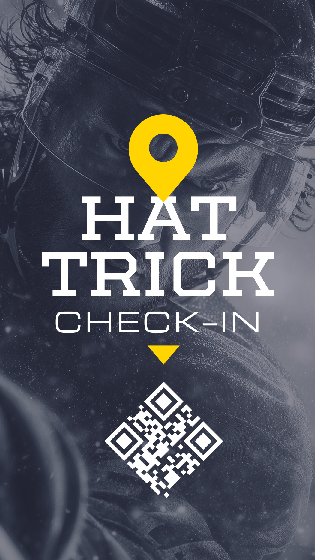Hockey-themed Hat Trick Check-In screen with QR code to start the experience.