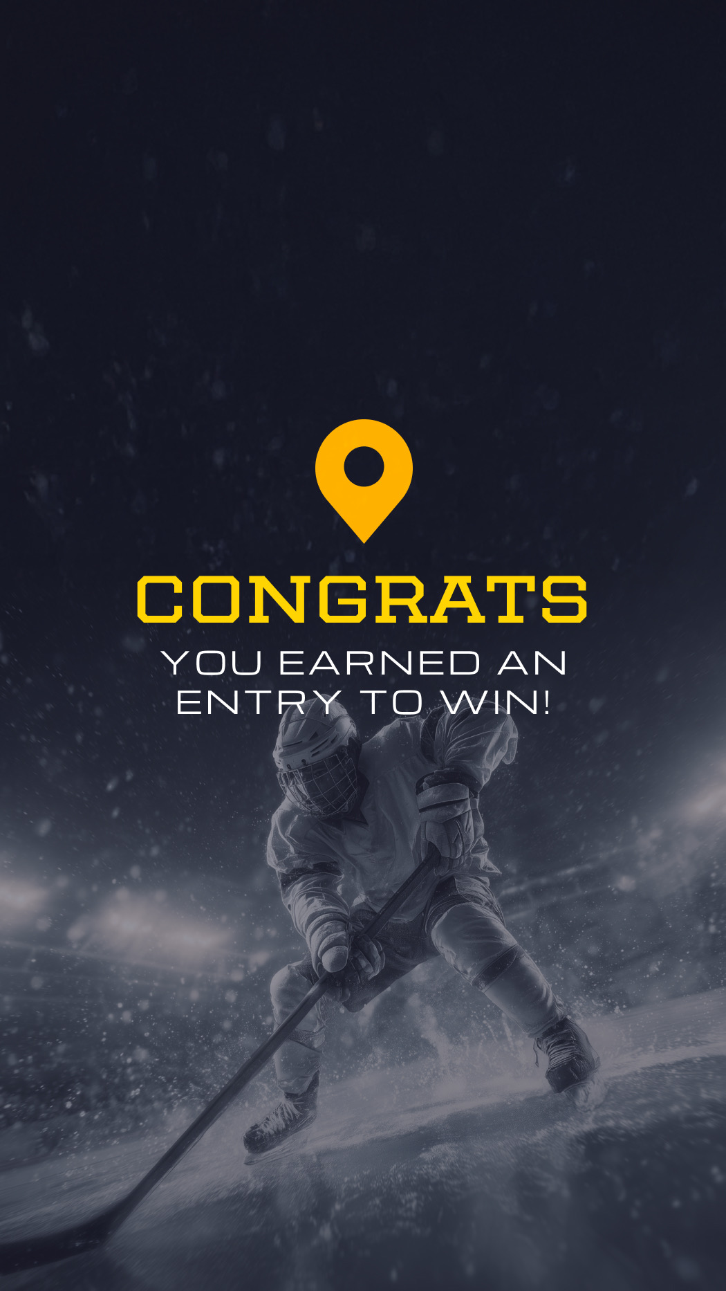 Hat Trick Check-In success screen with hockey imagery, the word “Congrats,” and confirmation that the fan has earned an entry for a chance to win.