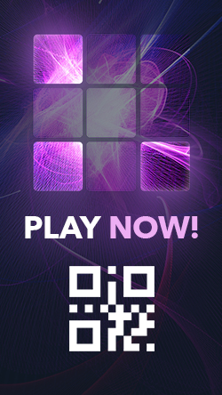 Nine-tile game grid with three highlighted tiles, text reading 'Play Now!', and a QR code.