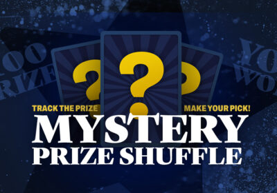 Mystery Prize Shuffle banner with three question mark cards and game title on blue background