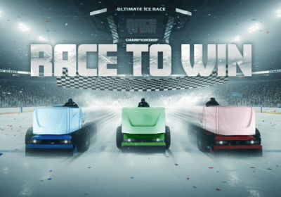 Race to Win game banner with three racing Zambonis on a hockey rink and checkered flag
